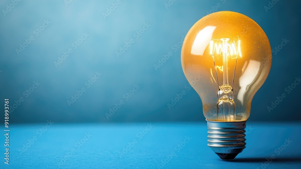 A solitary lightbulb illuminating a blue background with copy space A solitary lightbulb illuminating a blue background with copy space