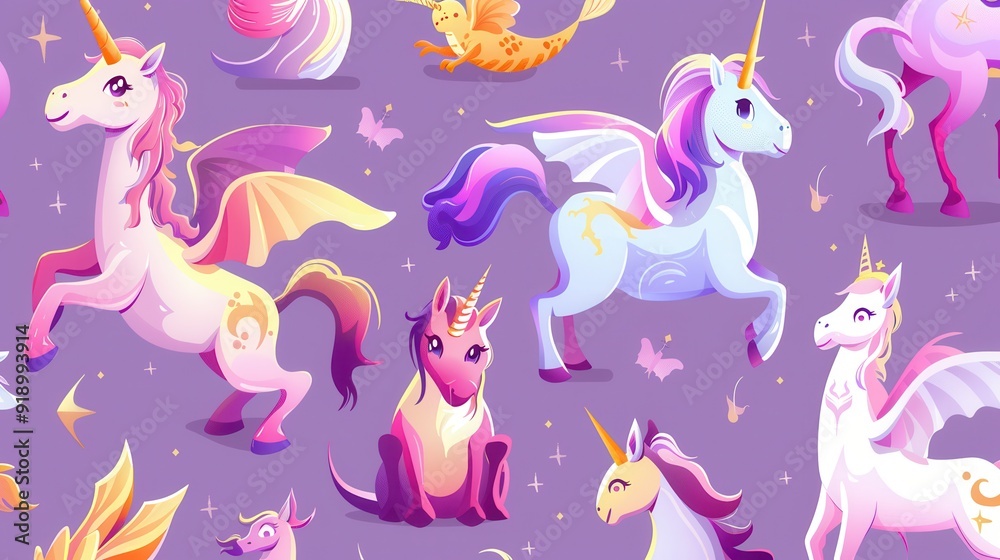 Fototapeta premium Whimsical unicorn illustrations adorned with vibrant colors and playful details create a magical atmosphere