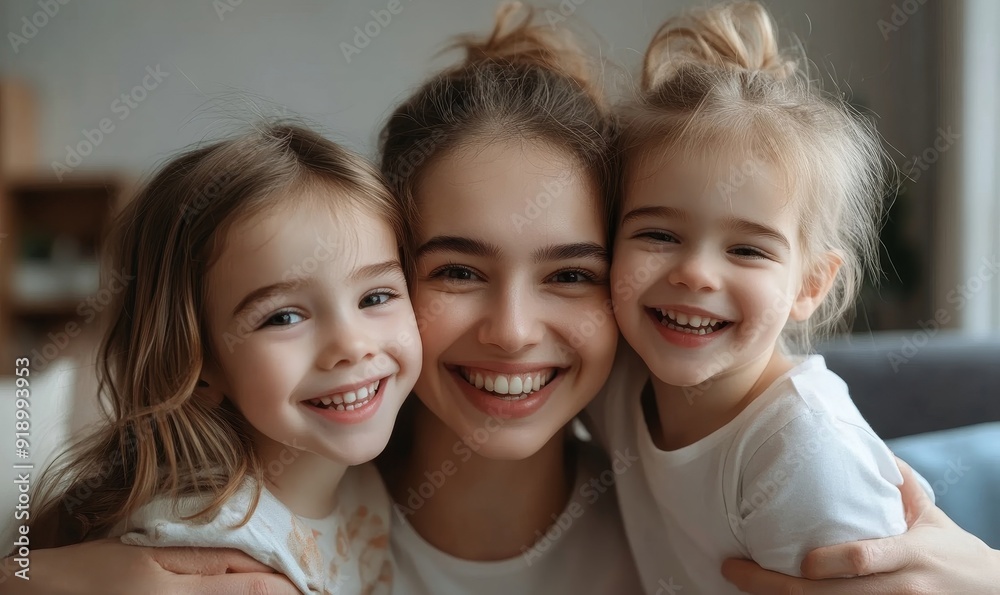 Close up portrait of excited young mother and little preschooler children hug cuddle look at camera laughing and posing together, overjoyed mom or nanny relax play with small kids at, Generative AI Close up portrait of excited young mother and little preschooler children hug cuddle look at camera laughing and posing together, overjoyed mom or nanny relax play with small kids at, Generative AI