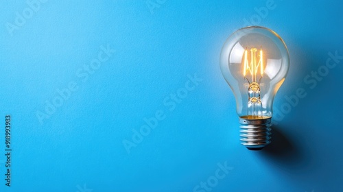 A solitary lightbulb illuminating a blue background with copy space