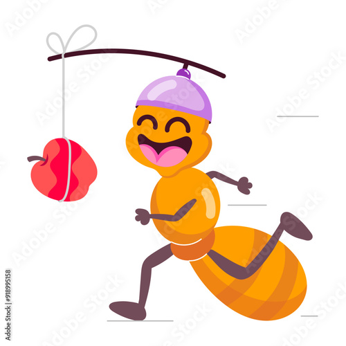 Cute ant chasing apple, flat sticker 