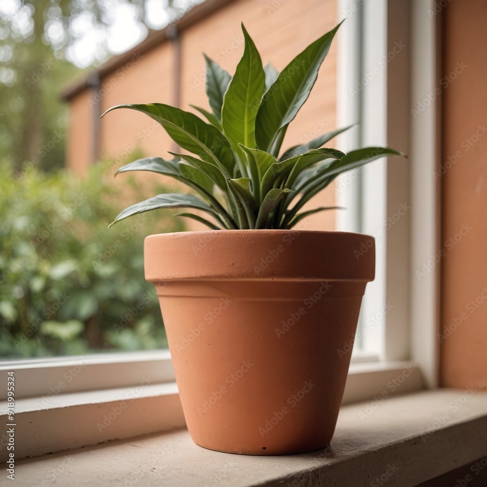 Fototapeta premium Earthy Elegance Terracotta Plant Pot on Window Sill