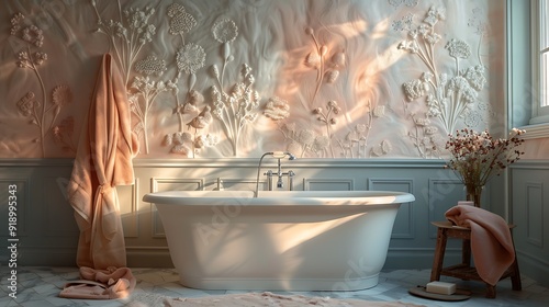 A Luxury Bathroom Designed for Elegance and Comfort Featuring Soft Anaglypta Wallpaper for a Sophisticated Touch photo