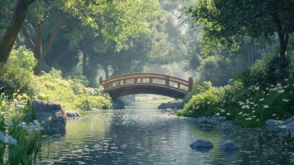 Wooden Bridge Spanning a Tranquil Forest Stream Wooden Bridge Spanning a Tranquil Forest Stream