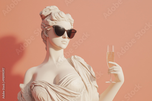 Statue of Greek goddess wearing sunglasses with a glass of champagne on peach background. Celebration. Party.