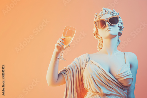 Statue of Greek goddess wearing sunglasses with a glass of champagne on peach background. Celebration. Party.