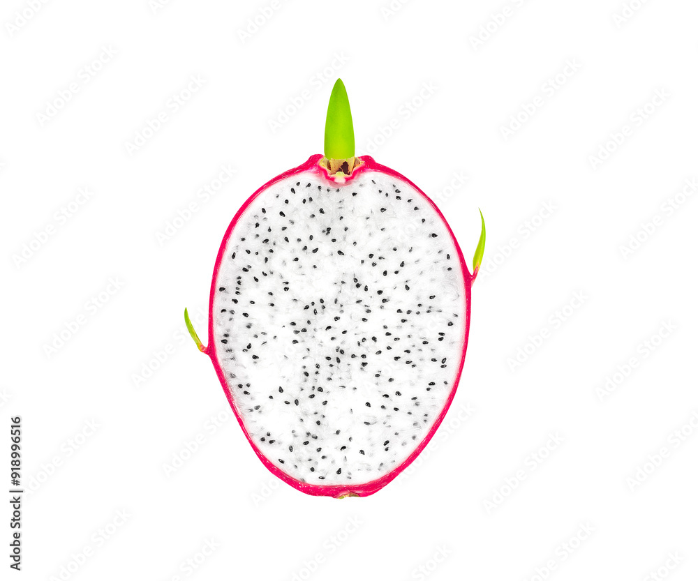 Fresh dragon fruit Half cut saw the flesh of the dragon fruit or pitahaya (pitaya) isolated on white background. clipping path included. Fresh organic dragon fruit from the garden. food concept.