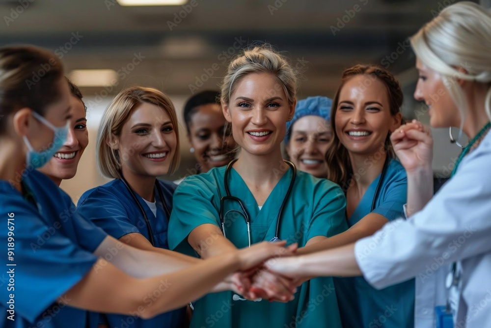 Beautiful diverse group of doctors and nurses stacking hands together in hospital. Beautiful diverse group of doctors and nurses stacking hands together in hospital.