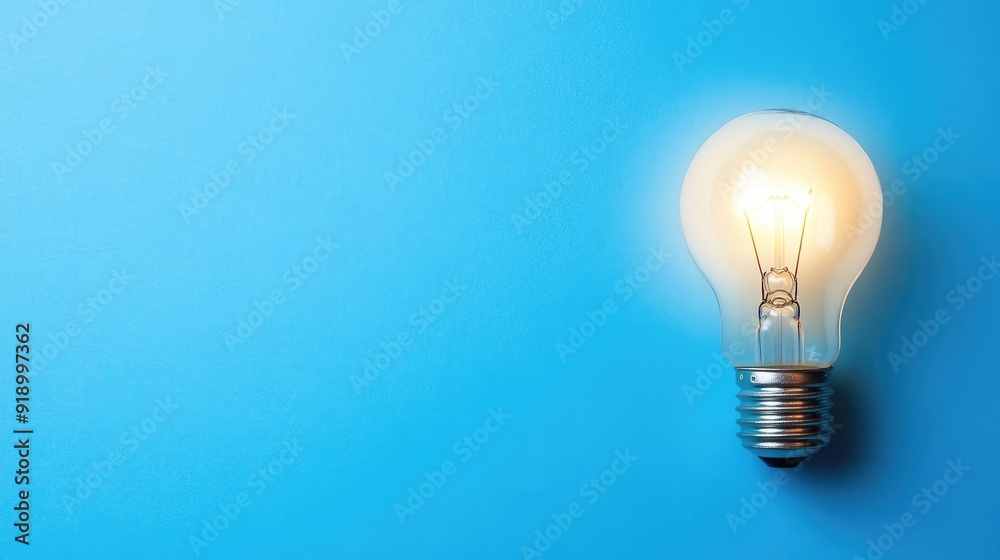 A solitary lightbulb illuminating a blue background with copy space A solitary lightbulb illuminating a blue background with copy space