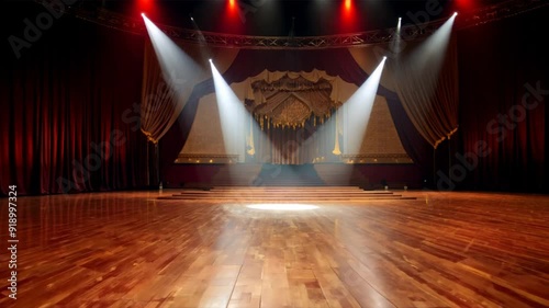 Theater Stage Lighting: Dramatic Performance Venue with Curtains and Wood Floor for Concerts and Broadway Shows