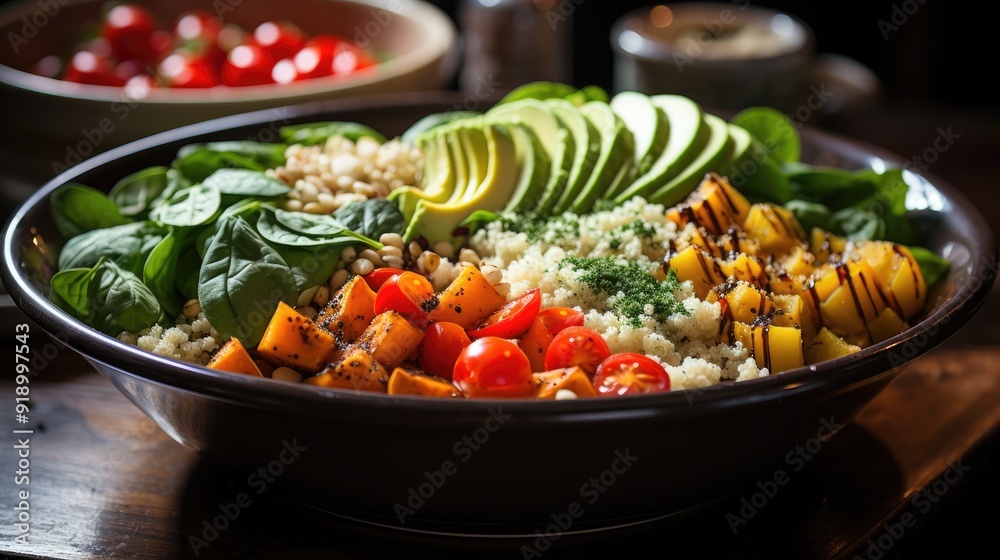 Avocado quinoa sweet potato tomato spinach 