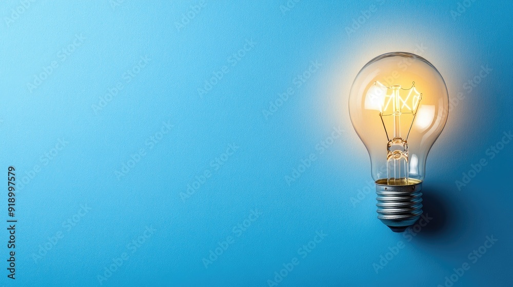 A solitary lightbulb illuminating a blue background with copy space A solitary lightbulb illuminating a blue background with copy space