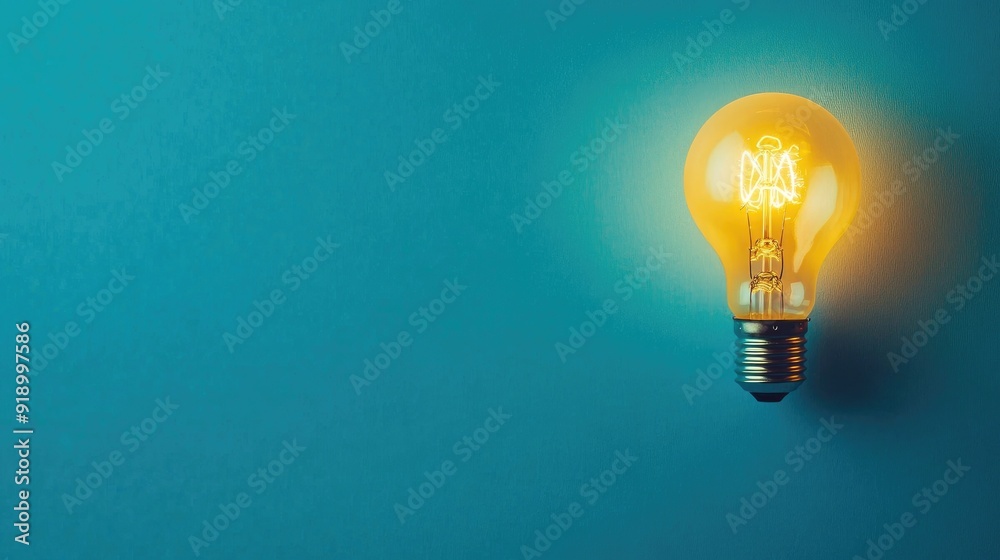 A solitary lightbulb illuminating a blue background with copy space A solitary lightbulb illuminating a blue background with copy space