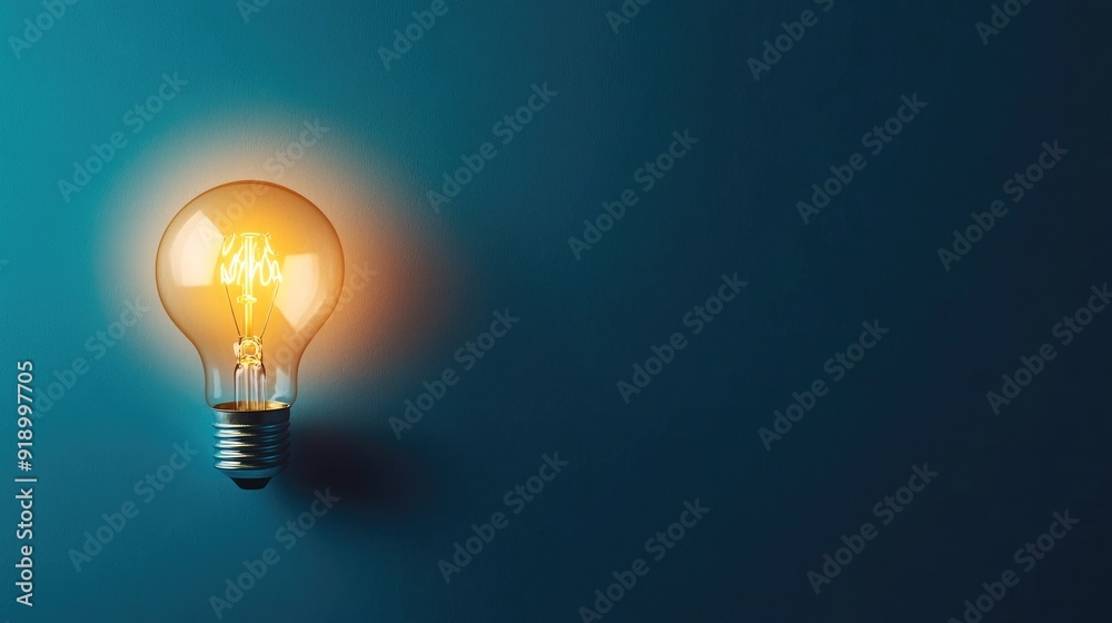 A solitary lightbulb illuminating a blue background with copy space A solitary lightbulb illuminating a blue background with copy space