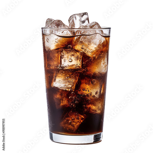 Isolated Glass of Dark Soda with Ice Cubes Without Background.