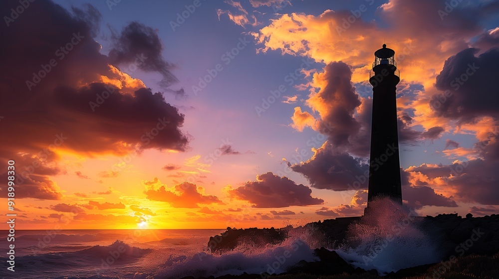 A silhouette of a lighthouse standing tall against a dramatic sunset sky, with waves crashing against the rocky shore below. A silhouette of a lighthouse standing tall against a dramatic sunset sky, with waves crashing against the rocky shore below.