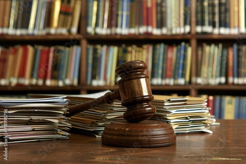 Beautiful individuals in a courtroom setting with wooden judge gavel in front of stacked files on table.