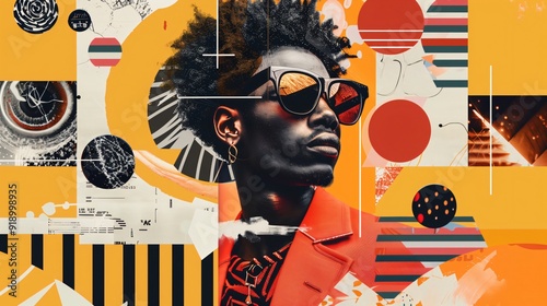 Fashion model with an afro and wearing sunglasses is posing against a colorful collage background with geometric shapes and textures; modernist collage with african american man and graffiti 