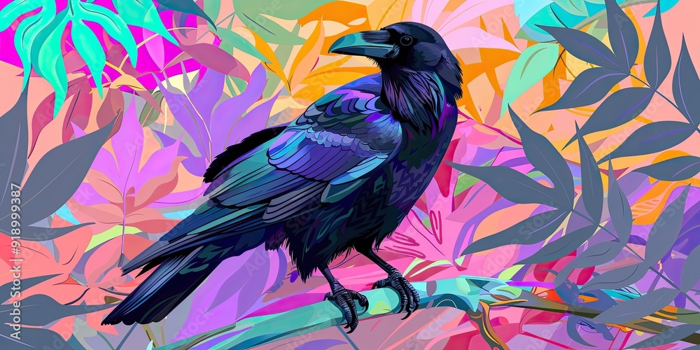Obraz premium Black crow perched on branch among colorful leaves.