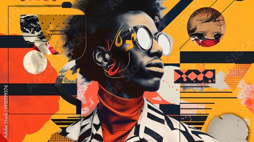Capturing urban culture and contemporary style, a trendy young man's portrait blends with graphic elements, creating a vibrant, modern, and artistic background; collage with graffiti 