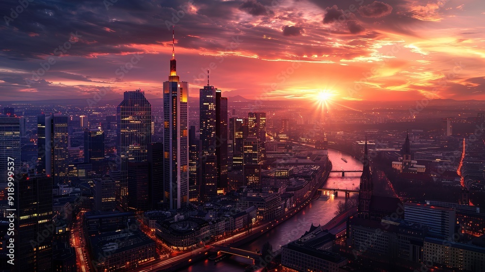 Fototapeta premium Sunset Over Germany's New Skyscraper Canyon