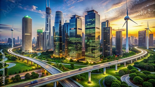 Sleek skyscrapers with verdant roofs and wind turbines pierce the sky, surrounded by a network of LED-lit highways and hypermodern architecture in a sustainable metropolis. photo