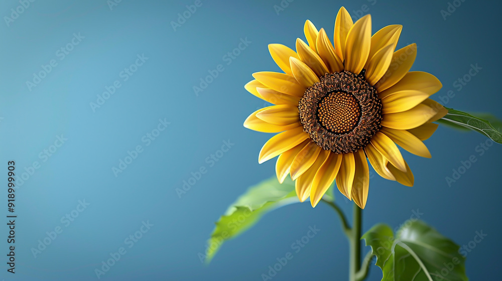 Obraz premium Vibrant yellow sunflower on a blue background with ample copy space, photo realistic