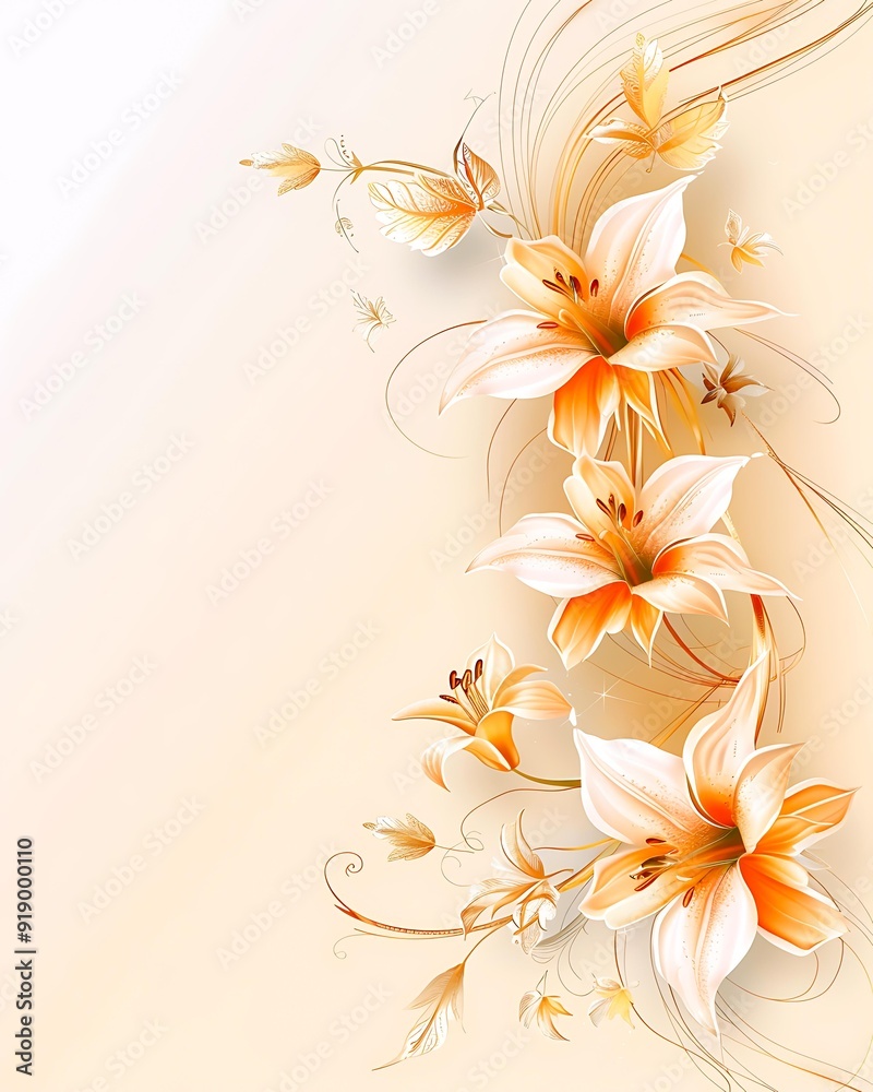 Fototapeta premium Elegant illustration of orange lilies with golden accents on a light background, ideal for greeting cards, invitations, or decorative wall art,