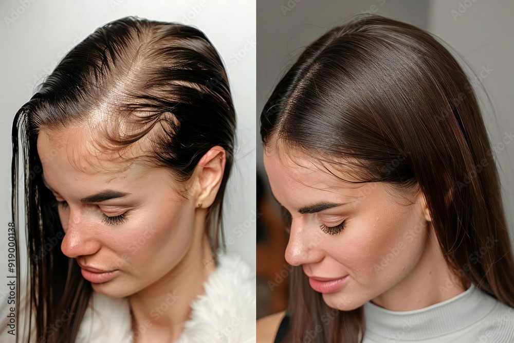 1. Beautiful woman before and after hair loss treatment, with a healthy scalp and regrown hair. 2. Gorgeous woman showing the difference before and after hair loss treatment 1. Beautiful woman before and after hair loss treatment, with a healthy scalp and regrown hair. 2. Gorgeous woman showing the difference before and after hair loss treatment