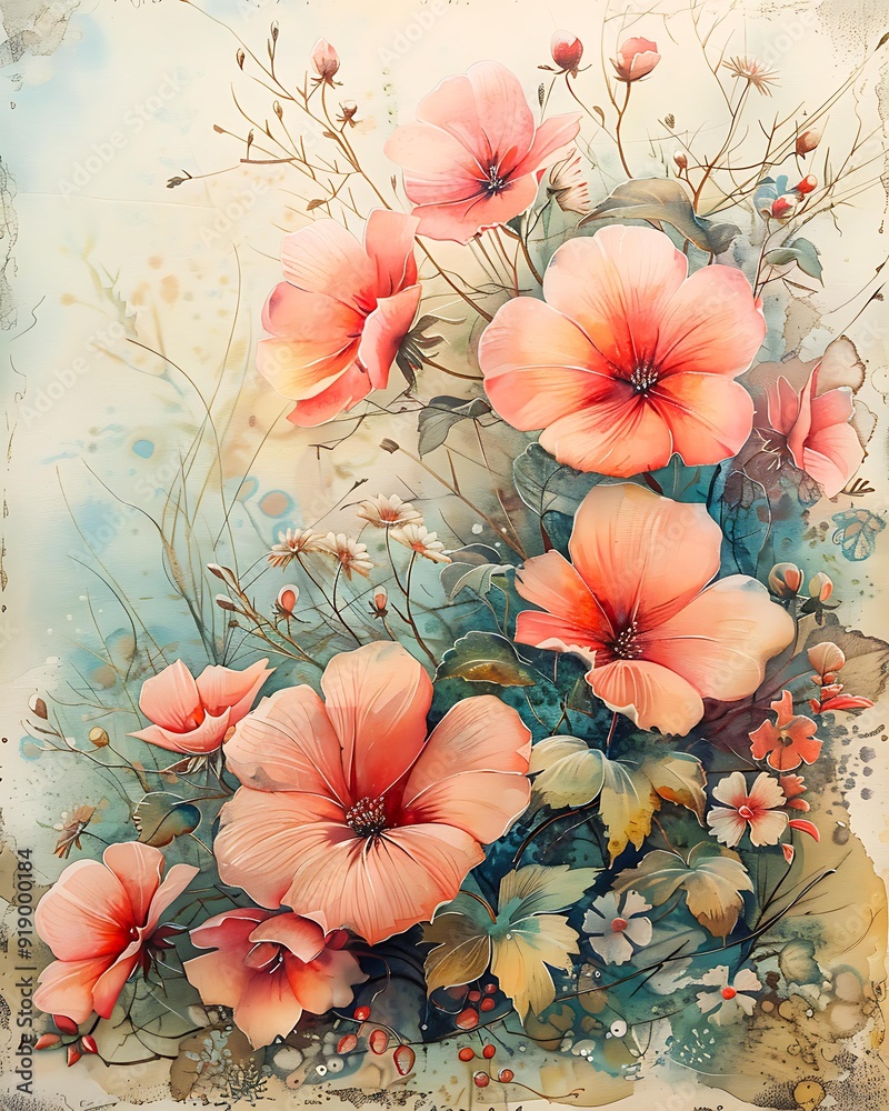 custom made wallpaper toronto digitalAn artistic illustration of blooming pink flowers with delicate leaves and stems, set against a soft gradient backdrop ideal for wall art, greeting cards, or nature-themed designs,