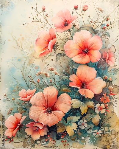 Wallpaper Mural An artistic illustration of blooming pink flowers with delicate leaves and stems, set against a soft gradient backdrop ideal for wall art, greeting cards, or nature-themed designs, Torontodigital.ca