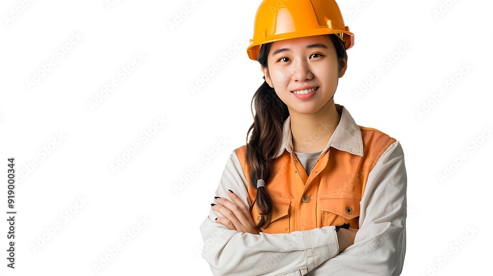Confident female engineer wearing a safety helmet and orange vest, standing with arms crossed against a white background ideal for construction, industry, and teamwork concepts, Confident female engineer wearing a safety helmet and orange vest, standing with arms crossed against a white background ideal for construction, industry, and teamwork concepts,