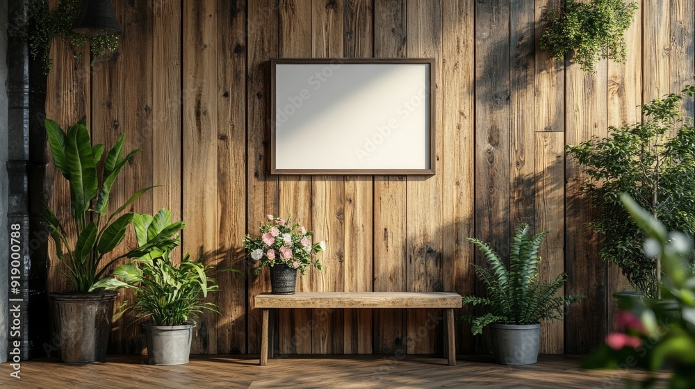 A Rustic Wooden Wall with a Blank Canvas, a Bench, and Greenery A Rustic Wooden Wall with a Blank Canvas, a Bench, and Greenery