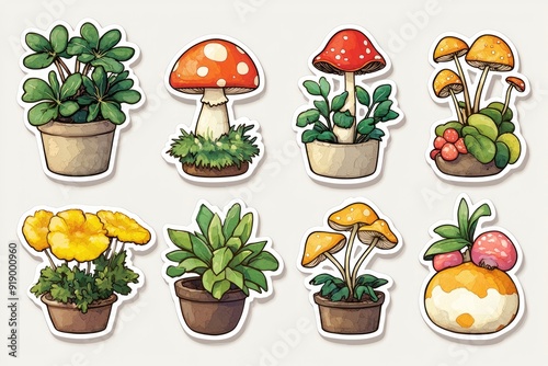 Adorable Cartoon Plants and Mushrooms Stickers Set