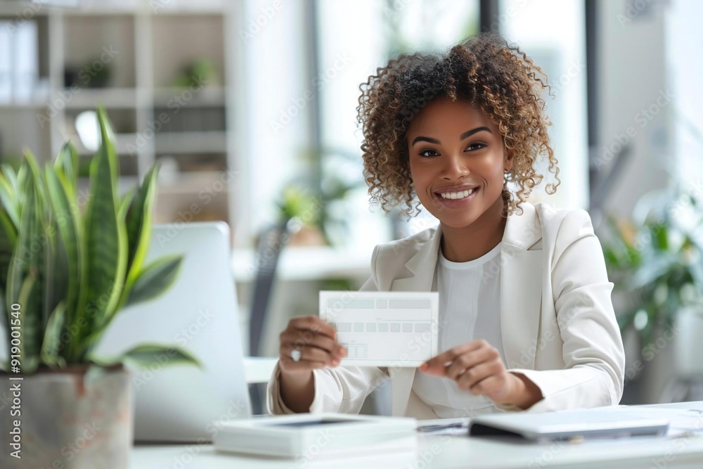 Beautiful African American businesswoman gracefully handing a cheque over a white desk as a form of compensation. Beautiful African American businesswoman gracefully handing a cheque over a white desk as a form of compensation.