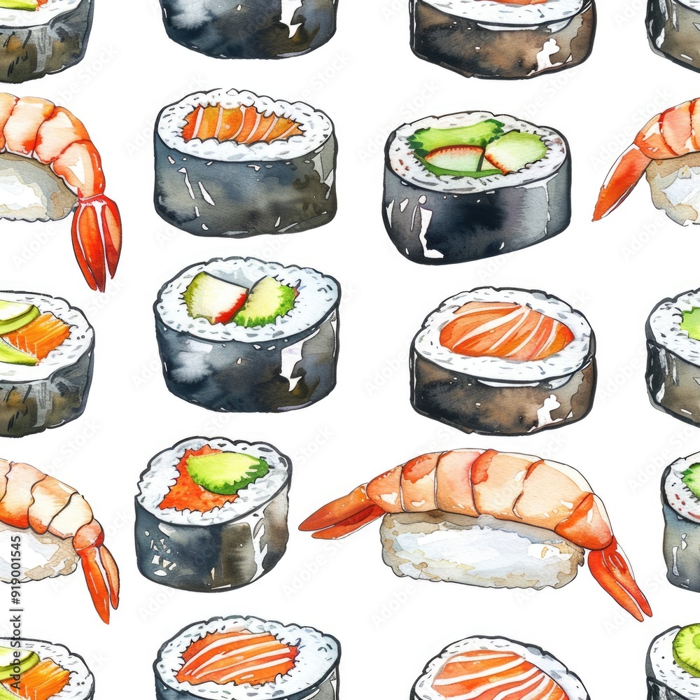 Hand-Drawn Watercolor Sushi Print: Traditional Japanese Cuisine in Vintage Style
