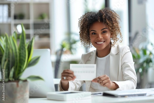 Beautiful African American businesswoman gracefully handing a cheque over a white desk as a form of compensation. photo