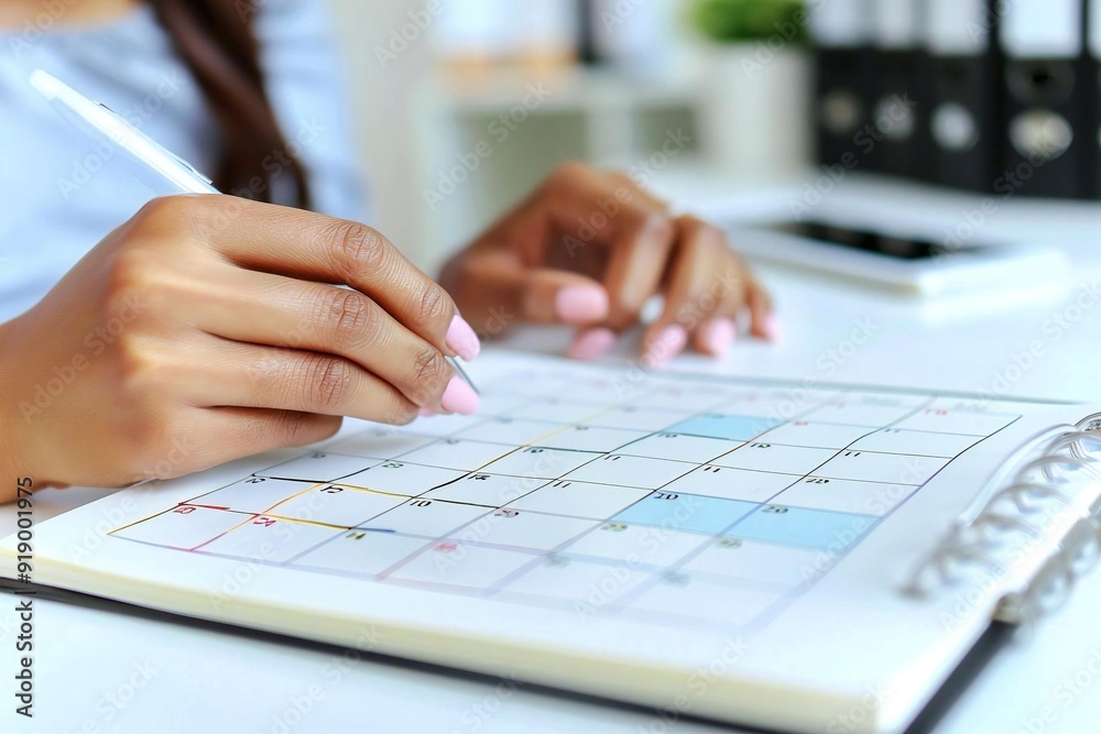 Beautiful African American businesswoman's hand elegantly checking her schedule in a diary with a calendar on a white desk. Beautiful African American businesswoman's hand elegantly checking her schedule in a diary with a calendar on a white desk.