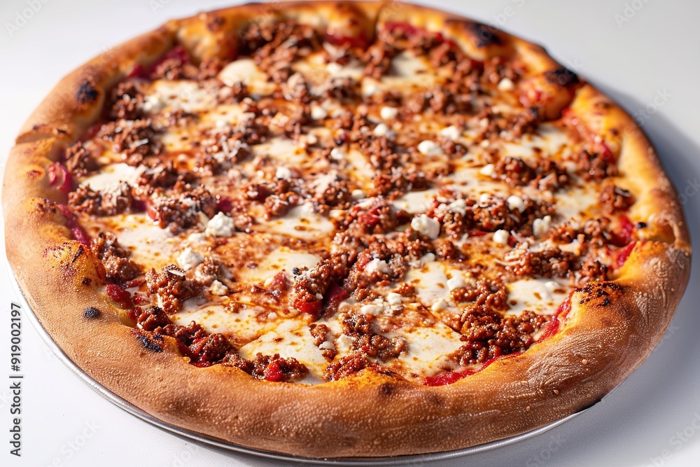 Close-up of freshly baked meat pizza on white Close-up of freshly baked meat pizza on white