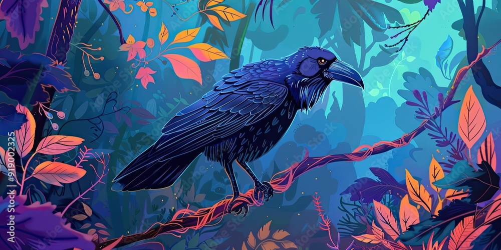 Fototapeta premium A raven perched on a branch in a forest.