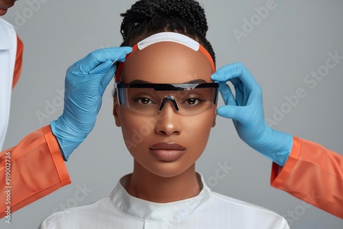 Beautiful African American woman before and after undergoing laser hair removal treatment on grey background. photo