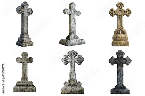 Six Stone Crosses With Elaborate Designs and Worn Surfaces
