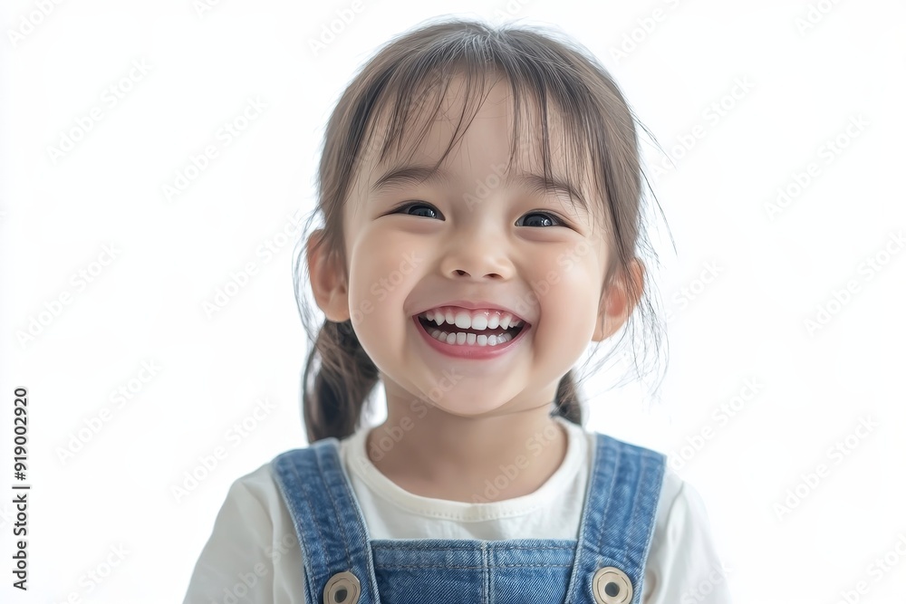 Asian children cute or kid girl and kindergarten student happy smile white teeth and laugh with wear dungarees jean for fashion on white background with space, Generative AI Asian children cute or kid girl and kindergarten student happy smile white teeth and laugh with wear dungarees jean for fashion on white background with space, Generative AI