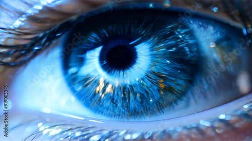 Close up of blue eyes of a beautiful woman, motion zoom in on iris, 4k video 