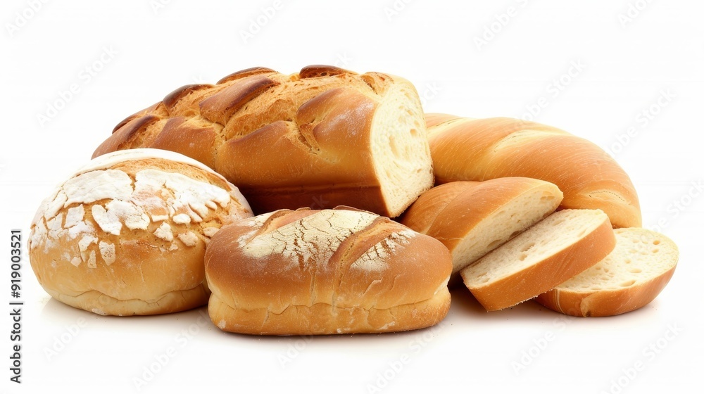 Assortment of freshly baked bread, loaf, baguette and buns isolated on white background top Assortment of freshly baked bread, loaf, baguette and buns isolated on white background top