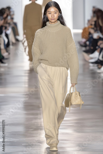 A woman in a sweater and pants walks down a runway