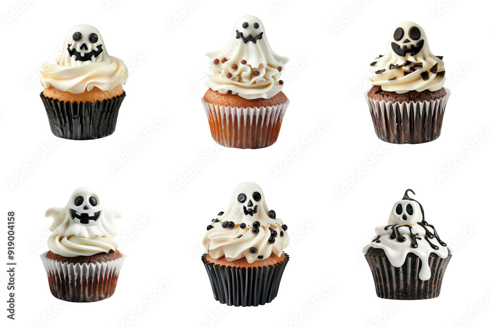 Five Halloween Ghost Cupcakes with White and Chocolate Frosting