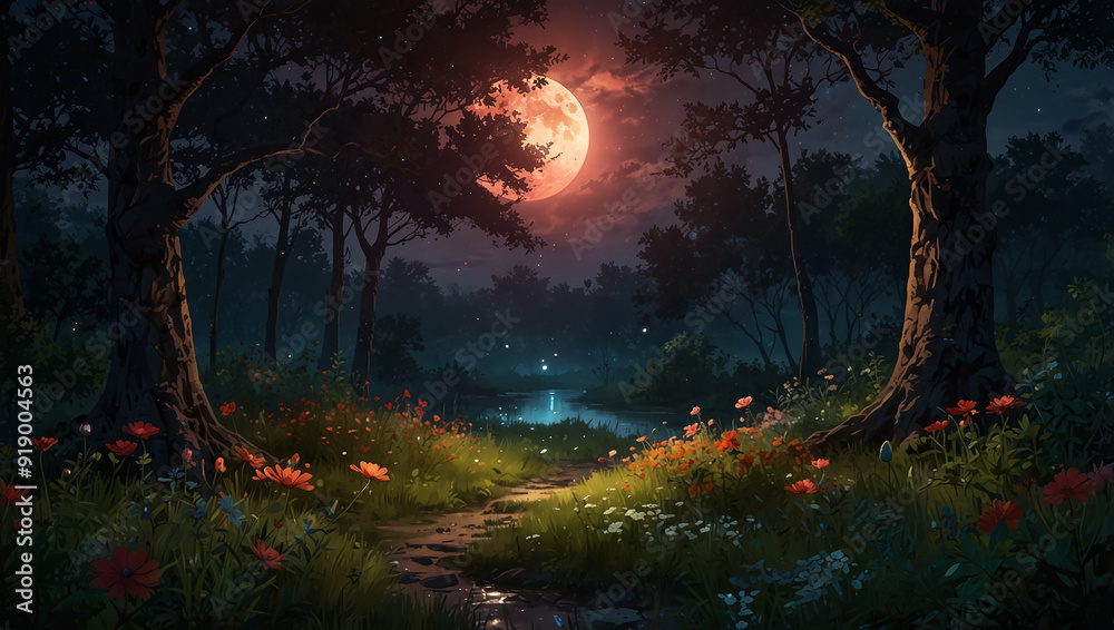 Fototapeta premium The image shows a full moon rising over a forest with a small stream running through it. The moon reflects in the water.