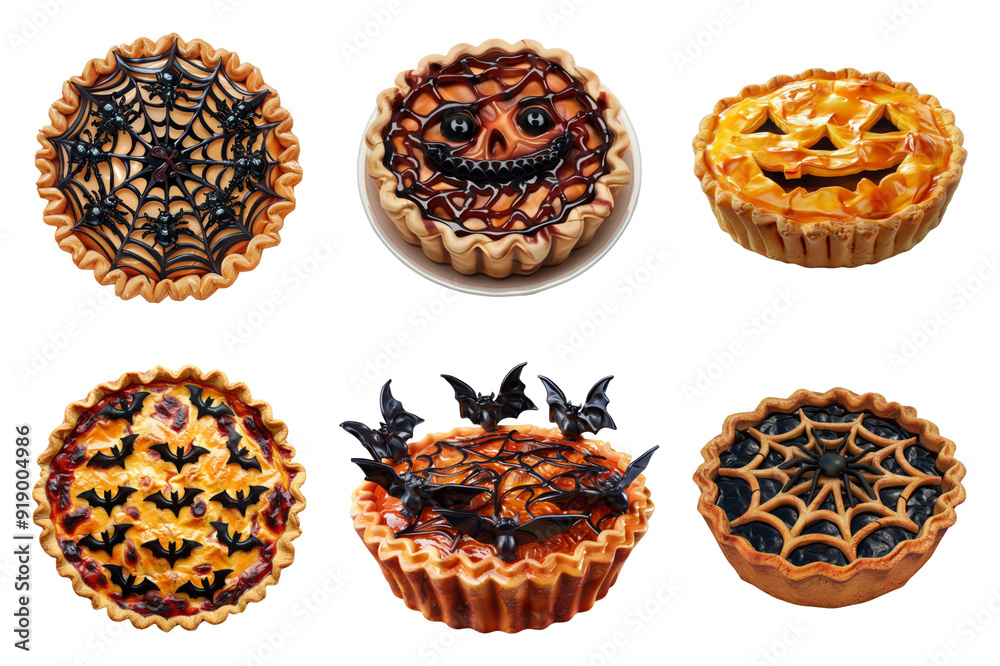 Six Decorated Halloween Pies with Spiders, Bats, and Jack-o'-Lantern Faces Six Decorated Halloween Pies with Spiders, Bats, and Jack-o'-Lantern Faces