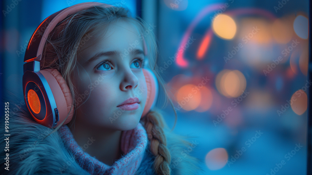 home, technology and music concept - little girl with headphones. Beautiful little girl listening to music home, technology and music concept - little girl with headphones. Beautiful little girl listening to music